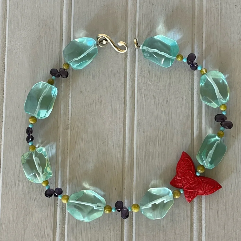 Vintage Vibrant Chunky Statement Necklace With Butterfly Retro Boho Aqua Red